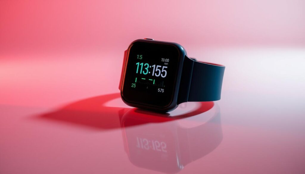 A sleek, modern fitness tracker with a minimalist design, its display showcasing real-time fitness metrics against a clean, vibrant backdrop. The device sits atop a smooth, reflective surface, casting a subtle shadow that adds depth and dimension. Warm, diffused lighting illuminates the tracker, creating a sense of sophistication and technological prowess. The overall composition conveys a balance of functionality and aesthetic appeal, reflecting the importance of choosing the right fitness-tracking device to seamlessly integrate into one's active lifestyle.