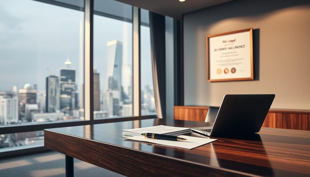 A sleek, modern office interior with a large window overlooking a bustling city skyline. In the foreground, a polished mahogany desk with a laptop, pen, and a stack of legal documents. On the wall behind the desk, a framed certificate or diploma signifying the expertise in AI automation and legal compliance. Soft, directional lighting illuminates the scene, creating a professional and authoritative atmosphere. The color palette is muted, with shades of gray, beige, and warm wood tones. The overall composition conveys a sense of diligence, expertise, and attention to detail in navigating the legal and regulatory requirements of an AI automation business.