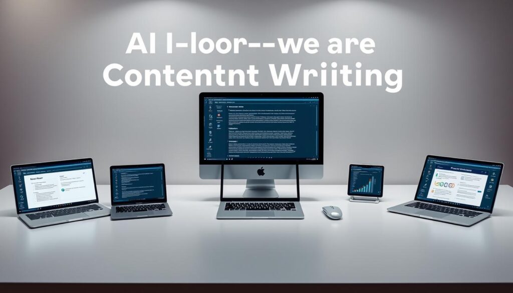 A sleek, modern workspace with an array of AI-powered content writing tools arranged neatly on a minimalist desk. The tools are depicted as elegant, intuitive software interfaces, showcasing their advanced capabilities through subtle animations and responsive interactions. The background is a serene, minimalist setting, with soft lighting and a neutral color palette that emphasizes the technological focus. The overall composition conveys a sense of efficiency, productivity, and the transformative potential of AI-driven content creation.