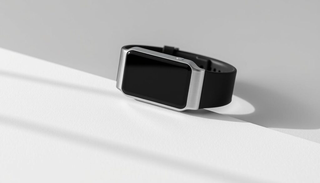 A sleek, premium fitness tracker and smartwatch rests on a minimalist, monochrome background. The device features a high-resolution OLED display, with a tactile, aluminum body and a soft, silicone band. Precise biometric sensors track heart rate, steps, sleep, and other fitness metrics, while advanced software offers personalized insights and coaching. The product exudes a sense of quality and sophistication, positioning it as a premium wearable for the discerning fitness enthusiast who demands accuracy and style.