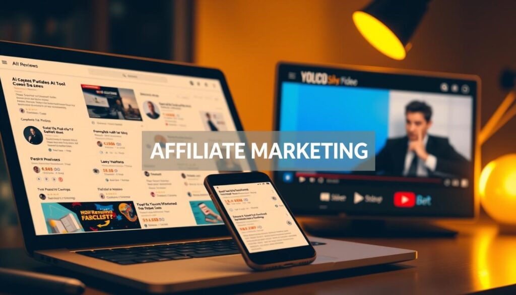 A social media feed displaying various AI tool reviews, with a prominent "AFFILIATE MARKETING" banner in the center. The scene is bathed in a warm, golden light, creating a sense of professionalism and authority. In the foreground, a laptop and smartphone showcase detailed product information and ratings, while in the background, a YouTube video player plays a review of the tools. The overall composition emphasizes the credibility and effectiveness of promoting AI tool reviews on social media and YouTube.
