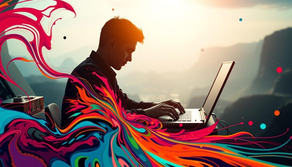 A stunning AI-generated digital artwork showcasing the intricate art of crafting effective prompts. In the foreground, a vibrant, swirling abstract composition of bold colors and dynamic lines, evoking the energy and creativity of the prompt-writing process. In the middle ground, a silhouetted figure, hands poised over a keyboard, thoughtfully constructing the perfect prompt. The background is a hazy, ethereal landscape, with hints of futuristic technology and a sense of awe-inspiring possibility. The lighting is dramatic, casting deep shadows and highlights that bring the scene to life. The overall mood is one of inspiration, innovation, and the boundless potential of AI-powered art creation.