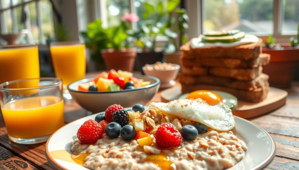 A sumptuous, nutritious breakfast scene. In the foreground, a plate of steaming oatmeal topped with fresh berries, drizzled with honey, and sprinkled with chopped nuts. Beside it, a glass of freshly squeezed orange juice and a bowl of seasonal fruit salad. In the middle ground, a stack of whole wheat toast adorned with slices of avocado and a fried egg. The background features a rustic wooden table, natural light streaming in from a large window, and potted plants adding a touch of greenery. The overall mood is one of health, balance, and a sense of nourishment for both the body and the soul.