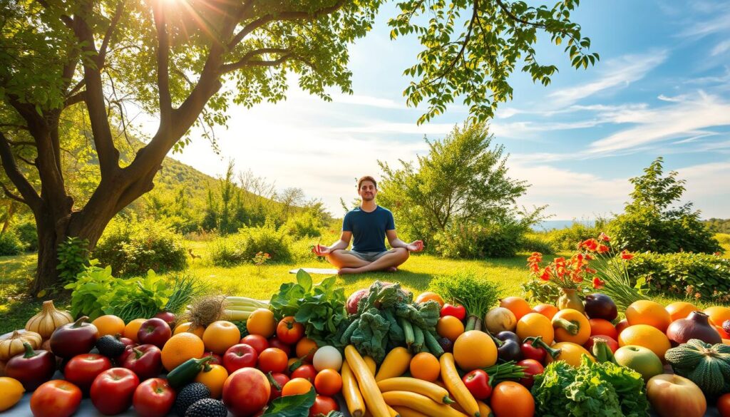 A tranquil outdoor scene with a lush, verdant garden. In the foreground, a bountiful table overflows with an array of fresh, colorful fruits and vegetables, symbolizing the abundance of a healthy diet. Sunlight filters through the canopy of trees, casting a warm, natural glow. In the middle ground, a person sits cross-legged, eyes closed, in a serene meditation pose, representing the connection between wholesome nourishment and mental wellbeing. The background features a calming, azure sky with wispy clouds, conveying a sense of peace and balance. Gentle, soft lighting accentuates the harmonious relationship between physical and mental health.