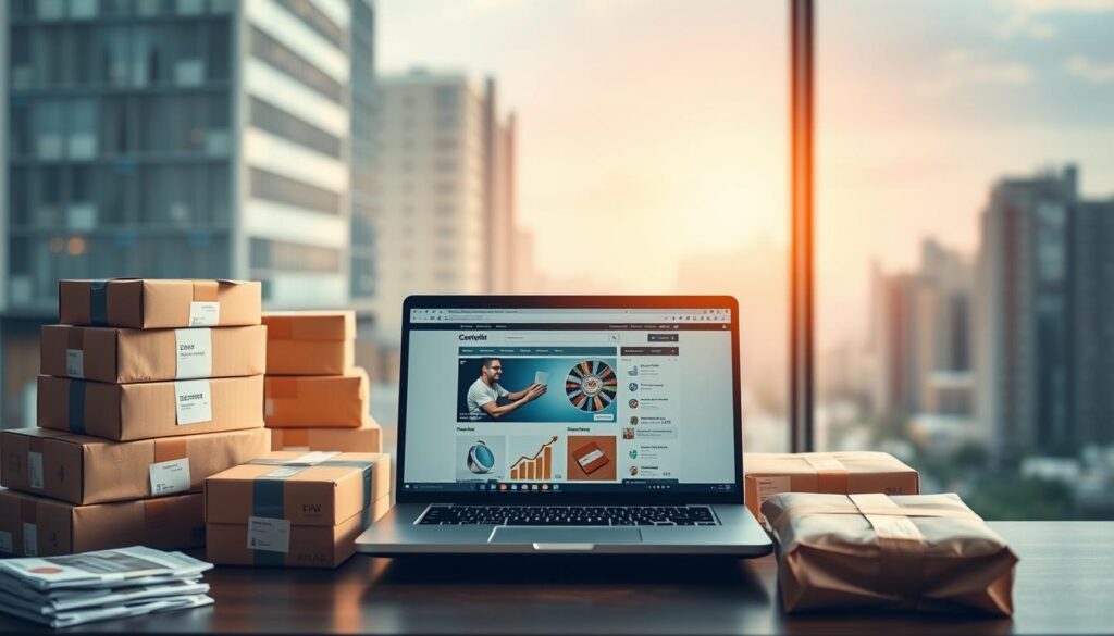 A tranquil scene of an e-commerce and dropshipping business, showcasing a laptop displaying an online store interface, surrounded by neatly stacked packages and shipping supplies. The lighting is soft and natural, creating a sense of calm and productivity. The background features a blurred urban landscape, hinting at the global reach and interconnectedness of the digital marketplace. The composition is balanced, with the laptop taking center stage, emphasizing the core of the business. The overall atmosphere conveys the efficiency, organization, and potential for passive income inherent in a successful e-commerce and dropshipping enterprise.