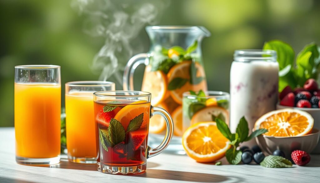A tranquil scene showcasing an assortment of healthy, diabetes-friendly beverages. In the foreground, a crystal-clear glass of fresh-squeezed fruit juice, its vibrant colors reflecting the natural sweetness within. Alongside it, a steaming mug of herbal tea, its soothing aroma wafting through the air. In the middle ground, a pitcher of infused water, its sliced citrus and mint leaves adding a refreshing twist. In the background, a variety of smoothie ingredients - leafy greens, berries, and yogurt - waiting to be blended into a nutrient-dense delight. Soft, natural lighting illuminates the scene, creating a sense of balance and well-being. The overall composition emphasizes the importance of mindful hydration and the abundance of flavorful, low-sugar options for those managing diabetes.