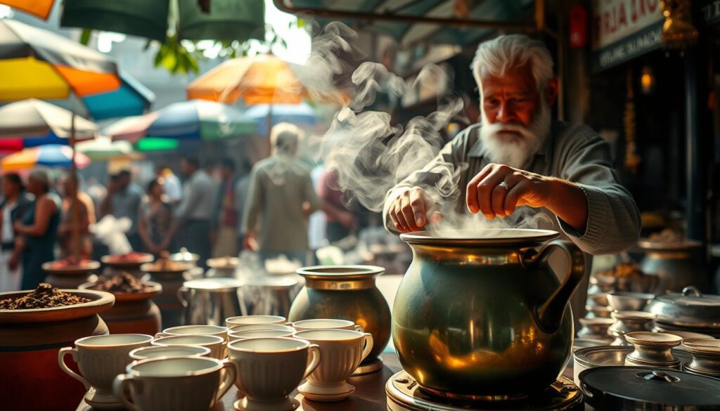 A tranquil, sun-dappled scene of a traditional Indian chai stall, with a wreath of fragrant steam rising from a steaming kettle of freshly brewed "Hari Chai" (green tea). In the foreground, delicate porcelain cups await the aromatic brew, while in the middle ground, an elderly chai vendor carefully pours the vibrant green liquid, his weathered hands reflecting years of experience. The background is filled with the bustling energy of a lively Indian market, with colorful umbrellas, spice-filled baskets, and the gentle hum of conversation. The overall mood is one of comfort, tradition, and the soothing power of a simple, nourishing beverage.