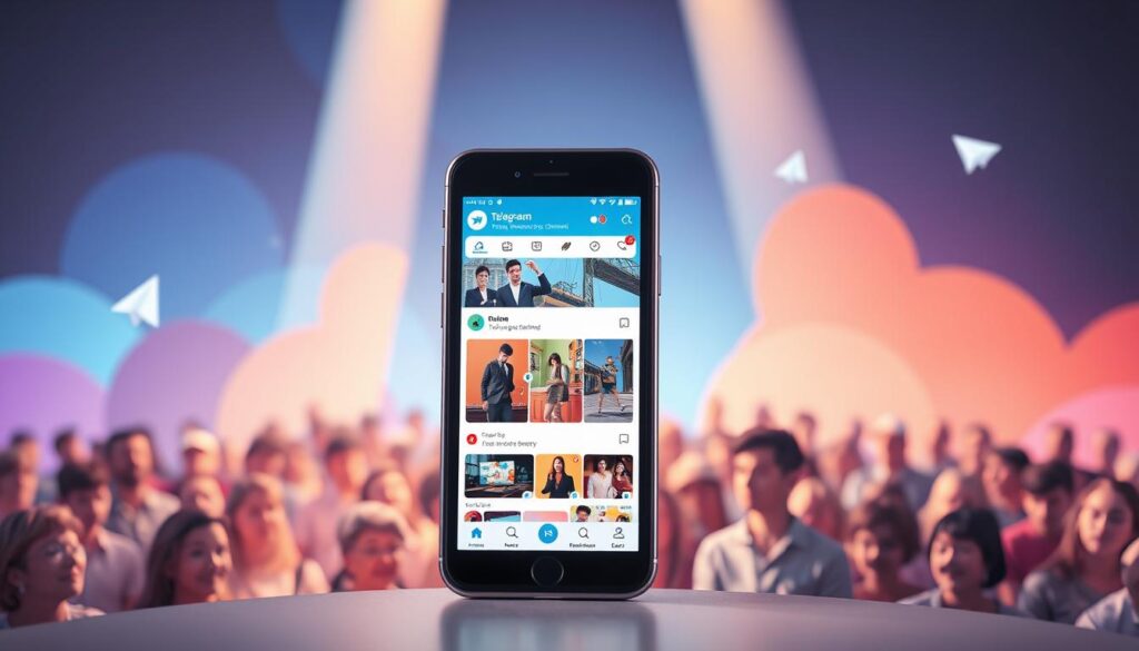A vibrant and eye-catching Telegram channel promotion illustration. In the foreground, a smartphone displays a Telegram channel interface, showcasing various engaging content like images, videos, and interactive elements. The middle ground features a dynamic crowd of potential subscribers, their faces lit with intrigue as they peruse the channel's offerings. The background evokes a digital landscape, with abstract shapes and gradients suggesting the reach and influence of the Telegram platform. The overall scene conveys a sense of growth, engagement, and the power of effective Telegram channel marketing strategies. Soft, diffused lighting creates a polished, professional aesthetic, while the composition draws the viewer's attention to the channel's vibrant presence.