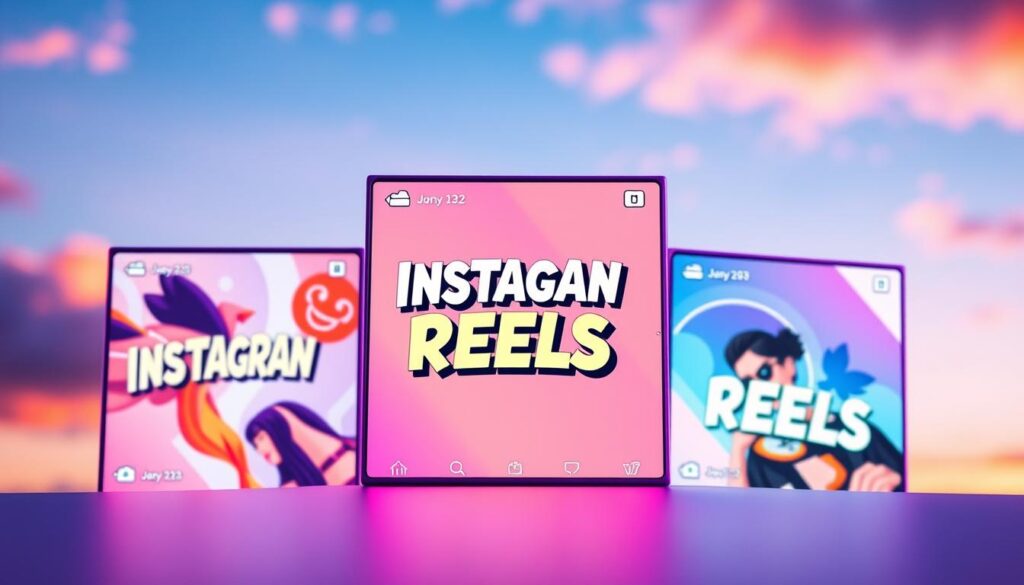 A vibrant and visually engaging image of trending Instagram Reels in 2025. Set against a dynamic background with gradient-filled skies, the frame showcases a trio of captivating Reel thumbnails, each with a unique and eye-catching design. The thumbnails are rendered in a sleek, modern style, with bold typography, subtle 3D effects, and vibrant color palettes that reflect the playful and energetic nature of the content. The overall composition is balanced and visually striking, drawing the viewer's attention to the engaging Reel content. The lighting is soft and diffused, creating a polished and professional look, while the camera angle and perspective provide a sense of depth and immersion. The resulting image should convey a sense of excitement and inspiration, perfectly encapsulating the trends and innovations of Instagram Reels in the year 2025.