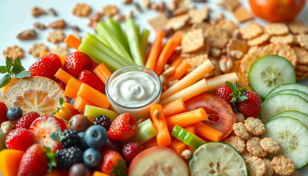 A vibrant array of healthy snack ideas, showcasing a visually appealing and nutritious assortment. In the foreground, an assortment of fresh fruits, such as colorful berries, sliced apples, and juicy citrus, artfully arranged. In the middle ground, an array of crunchy vegetable sticks, including carrot, celery, and cucumber, accompanied by a creamy dip. In the background, a scattering of nuts, seeds, and whole grain crackers, creating a balanced and tempting display. The lighting is soft and natural, highlighting the vibrant colors and textures of the snacks. The composition is clean and inviting, conveying a sense of healthfulness and culinary delight.
