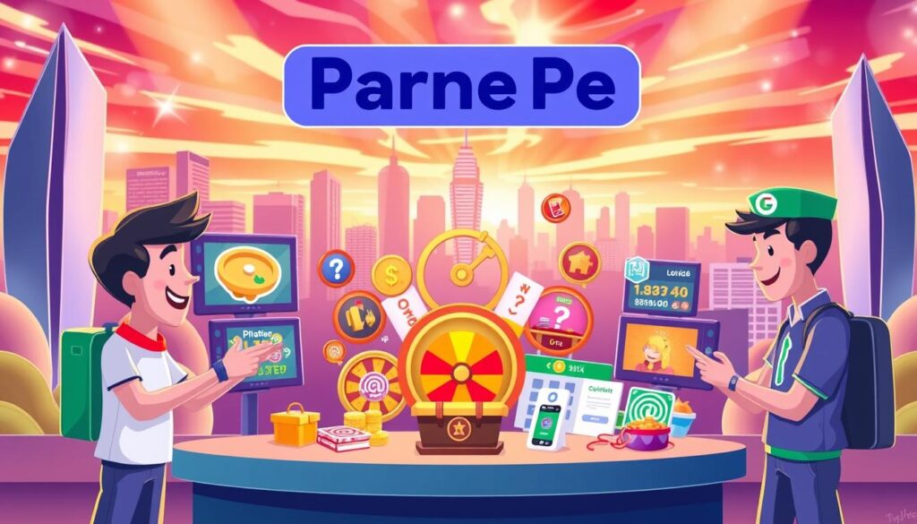A vibrant, dynamic image showcasing the playful and engaging games offered by Google Pay and PhonePe. In the foreground, two characters, one representing Google Pay and the other PhonePe, are engaged in a friendly competition, surrounded by a variety of mini-games and quizzes. The middle ground features a variety of game icons, such as spinning wheels, treasure chests, and leaderboards, hinting at the diverse range of cashback opportunities available. The background is a modern, sleek cityscape, with skyscrapers and a vibrant skyline, creating a sense of energy and progress. The lighting is warm and inviting, with a touch of whimsy, capturing the excitement and rewards of the digital payment platforms' gaming experiences.