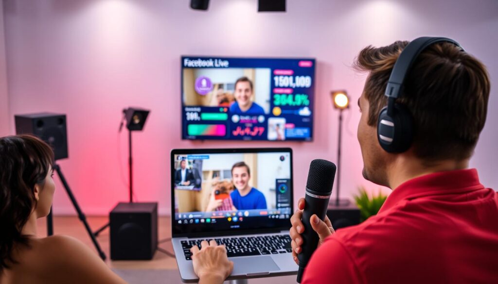 A vibrant, dynamic scene of a Facebook Live streaming session. In the foreground, a person engages with their audience, their face animated as they speak into a high-quality microphone. Behind them, a sleek, modern laptop displays the live stream interface, the Facebook logo prominent. The middle ground features an array of colorful, informative graphics and statistics overlaying the live feed, showcasing the reach and engagement of the broadcast. In the background, a minimalist, professional-looking studio setup with soft, even lighting creates an atmosphere of professionalism and success. The overall mood is one of excitement, energy, and the promise of lucrative monetization opportunities for the Facebook Live streamer.