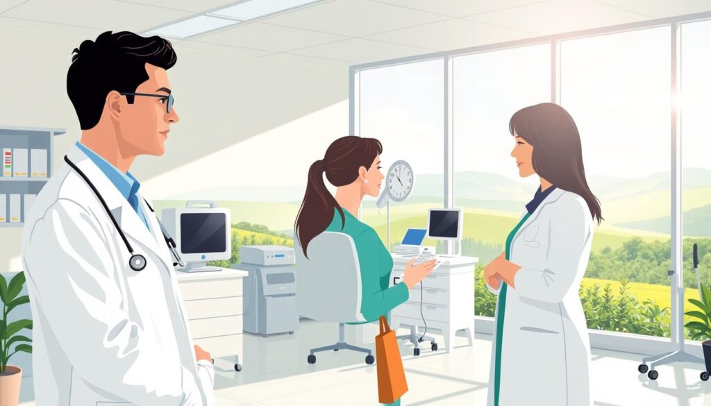 A vibrant illustration of health insurance, showcasing a serene, modern medical facility. In the foreground, a professional medical staff member, dressed in a crisp white coat, guides a patient through the process of understanding their insurance coverage. In the middle ground, a range of medical equipment and supplies are neatly arranged, conveying a sense of order and efficiency. The background features a calming, sun-drenched landscape with lush greenery, creating a tranquil and reassuring atmosphere. The lighting is soft and diffused, emphasizing the warmth and care that the medical facility provides. The overall composition strikes a balance between the practical aspects of health insurance and the human-centric approach to patient care.