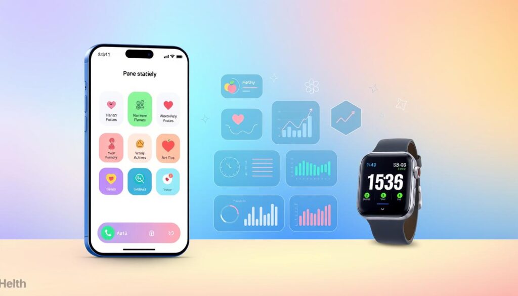 A vibrant, minimalist illustration of a mobile app interface showcasing various health and fitness tracking features. The app's home screen is prominently displayed, with clear icons and intuitive user interface elements. The foreground features a smartwatch seamlessly integrated with the app, displaying real-time fitness data. The middle ground showcases a variety of health-related graphics, including heart rate monitors, activity trackers, and nutritional information. The background has a soothing, gradient-based color palette that evokes a sense of wellness and balance. The overall mood is one of simplicity, functionality, and a dedication to personal well-being.