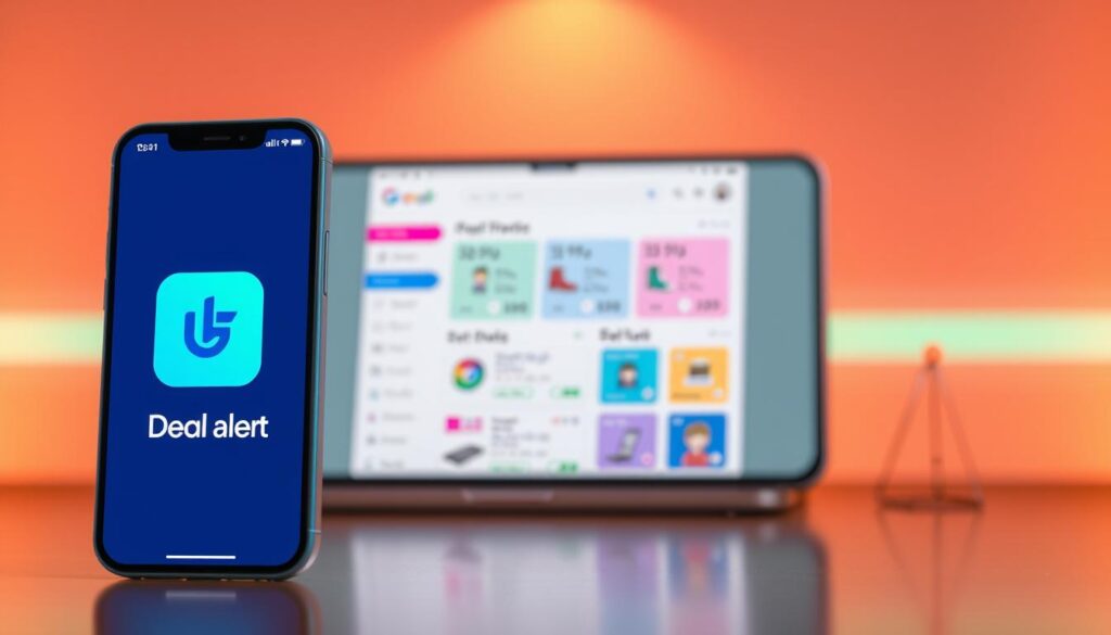 A vibrant, sleek mobile app interface showcasing various deal alert services. In the foreground, a well-designed app icon and logo catch the eye, hinting at the app's capabilities. The middle ground features a clean, minimalist dashboard displaying real-time deals, discounts, and price drops across e-commerce platforms. In the background, subtle geometric patterns and gradients create a sense of depth and technological sophistication. Warm, inviting lighting illuminates the scene, conveying the app's user-friendly and reliable nature. The overall composition strikes a balance between functionality and aesthetic appeal, reflecting the app's purpose of helping online shoppers maximize their savings.