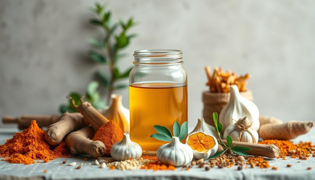 A vibrant still life arrangement showcasing an assortment of natural remedies that boost the immune system. In the foreground, an array of fresh herbs and spices such as turmeric, ginger, garlic, and ashwagandha are displayed against a neutral background. The middle ground features a glass jar filled with a golden, honey-like elixir, subtly illuminated by soft, natural lighting. In the background, a soothing blend of earthy tones and textures creates a grounded, tranquil atmosphere, reflecting the holistic and restorative qualities of the depicted homemade remedies. The overall composition conveys a sense of harmony, wellness, and the power of traditional, time-honored practices to strengthen the body's natural defenses.