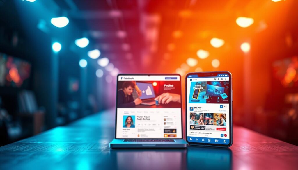 A vivid and dynamic Facebook advertisement, captured through a crisp, high-resolution lens. In the foreground, a visually striking product or service offering takes center stage, surrounded by eye-catching graphics and captivating visuals. The middle ground features a clean, modern layout with a clear call-to-action, inviting the viewer to engage with the brand. The background showcases a subtly blurred, yet vibrant and immersive environment, setting the tone for a professional, yet engaging advertisement. Soft, directional lighting illuminates the scene, creating a sense of depth and emphasizing the key elements. The overall atmosphere evokes a sense of sophistication, innovation, and the promise of business growth through effective Facebook-based marketing.