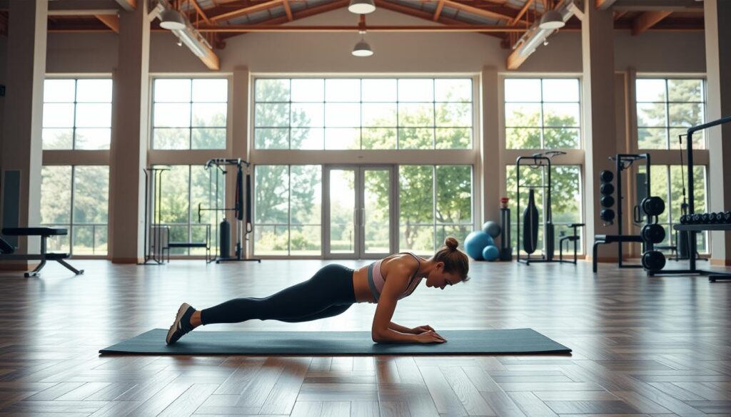 A well-lit gym interior with high ceilings and large windows, showcasing a person performing a core exercise on a mat in the foreground. The individual is wearing form-fitting athletic wear and executing a plank or abdominal crunch with proper form and engagement. The middle ground features other gym equipment like resistance bands, exercise balls, and free weights, creating a dynamic, functional fitness environment. The background depicts a serene outdoor scene with lush greenery, hinting at the holistic nature of the workout. The lighting is warm and natural, creating a welcoming and motivating atmosphere for the core workout.