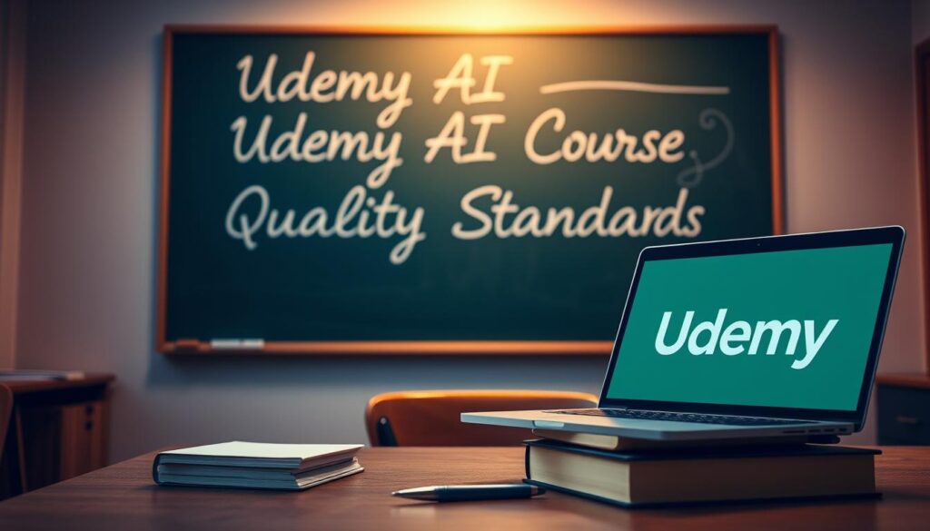 A well-lit, professional-looking classroom setting with a desk, chair, and a laptop displaying the Udemy logo. In the foreground, a stack of books and a pen on the desk, symbolizing the educational materials and resources. The background features a chalkboard or whiteboard, showcasing the "Udemy AI Course Quality Standards" written in elegant, legible handwriting. The room is bathed in warm, soft lighting, creating a serene and inviting atmosphere. The overall composition conveys a sense of academic rigor, attention to detail, and the high-quality standards expected of an Udemy AI course.
