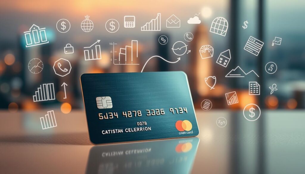 An elegantly designed credit card with a gleaming metallic surface, strategically placed in the foreground to draw the viewer's attention. The card is surrounded by a subtle array of financial icons, graphs, and reward symbols, creating a visually captivating and informative composition. The background features a blurred cityscape, conveying a sense of urban sophistication and financial prosperity. The lighting is warm and inviting, with gentle highlights accentuating the card's details. The overall mood is one of financial security, consumer empowerment, and the allure of credit card rewards.