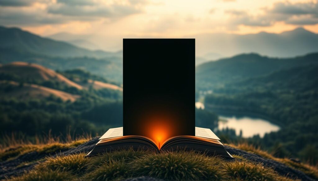 An eye-catching eBook cover design featuring a captivating landscape of rolling hills, lush forests, and a serene lake reflecting the sky. The composition is balanced, with the focal point being a modern, minimalist book silhouette in the foreground, highlighted by warm, diffused lighting. The background blends seamlessly, creating a sense of depth and tranquility. The color palette is muted, with earthy tones and soft gradients, evoking a sense of calmness and introspection. The overall design is clean, elegant, and visually striking, reflecting the high-quality content of the eBook.