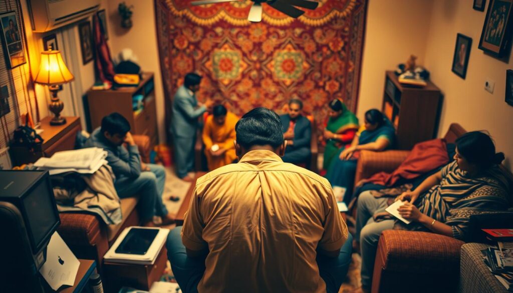 An intricate interplay of pressures, demands, and expectations in the heart of an Indian household. In the foreground, a figure sits hunched, shoulders tense, surrounded by symbols of modern urban life - a laptop, papers, and the ever-present smartphone. The middle ground reveals the complex web of familial and societal obligations, represented by figures gesturing and interacting. In the background, the vibrant colors and patterns of traditional Indian decor provide a juxtaposition, hinting at the clash between tradition and modernity. Warm lighting casts an air of contemplation, while a sense of unease permeates the scene, capturing the essence of the stresses inherent in the Indian lifestyle.
