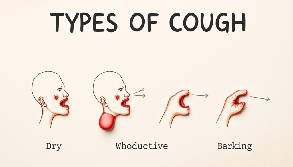 Detailed illustration of the different types of cough, including dry, productive, whooping, and barking coughs. Set against a soft, muted background with subtle textures and a warm color palette. Gentle lighting highlights the varied forms and characteristics of each cough, conveying a sense of medical study and understanding. The composition is balanced, with the cough types organized in a clear, informative manner to aid in understanding the subject matter.