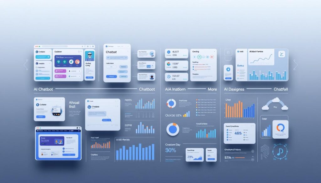 Prompt A detailed comparative illustration showcasing various AI chatbot platforms, set against a sleek, minimalist background. The foreground features well-designed UI mockups of different chatbot interfaces, each with distinct branding and functionality. The middle ground depicts data visualizations, charts, and infographics highlighting key platform features, pricing, and user metrics. The background subtly blends technological elements like circuit boards, data streams, and cloud computing iconography to convey the advanced, digital nature of these AI-powered solutions. The overall composition should strike a balance between informative and visually striking, enabling viewers to easily compare and contrast the available chatbot platform options.