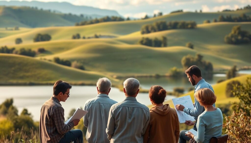 Serene landscape with verdant rolling hills, dotted with lush trees and a tranquil lake reflecting the sky. In the foreground, a group of diverse investors gathered, studying financial documents and charts, deep in contemplation. Warm, natural lighting bathes the scene, evoking a sense of wisdom and long-term focus. The composition emphasizes the harmony between nature and thoughtful, patient wealth-building strategies. Minimal, elegant details suggest the importance of a disciplined, sustainable approach to investing for the future.