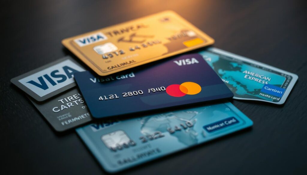a detailed close-up shot of various travel credit cards, including a Visa, Mastercard, and American Express card, arranged neatly on a dark wooden surface, with a soft, warm lighting illuminating the cards from above, creating a sophisticated and elegant atmosphere, the cards displaying various travel-related designs, logos, and metallic finishes, capturing the essence of the best travel credit cards in India for 2025