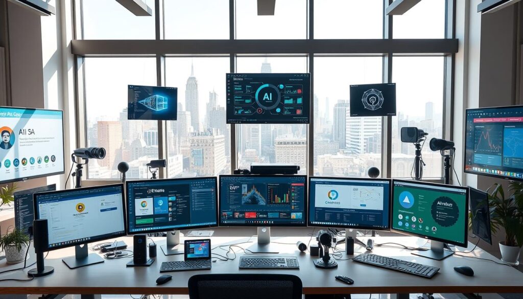 a wide-angled view of a modern office workspace, featuring a collection of various AI tools and software displayed on multiple computer screens, along with a selection of hardware devices such as microphones, cameras, and sensors. The scene is illuminated by natural light streaming in through large windows, creating a bright and airy atmosphere. The foreground showcases the different AI tools, each with distinctive interfaces and functionalities, while the background depicts a city skyline visible through the windows, suggesting the integration of these AI tools within a larger technological ecosystem. The overall mood is one of innovation, productivity, and the endless possibilities of AI-driven solutions for freelance professionals.